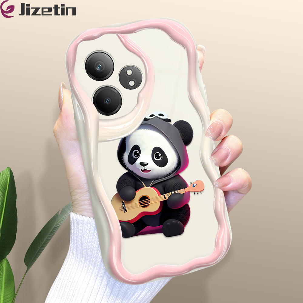 Jizetin for Realme GT 6 6T 5G Back Cover Cartoon Happy Panda Cream Wavy Edge Soft Silicone Phone Case