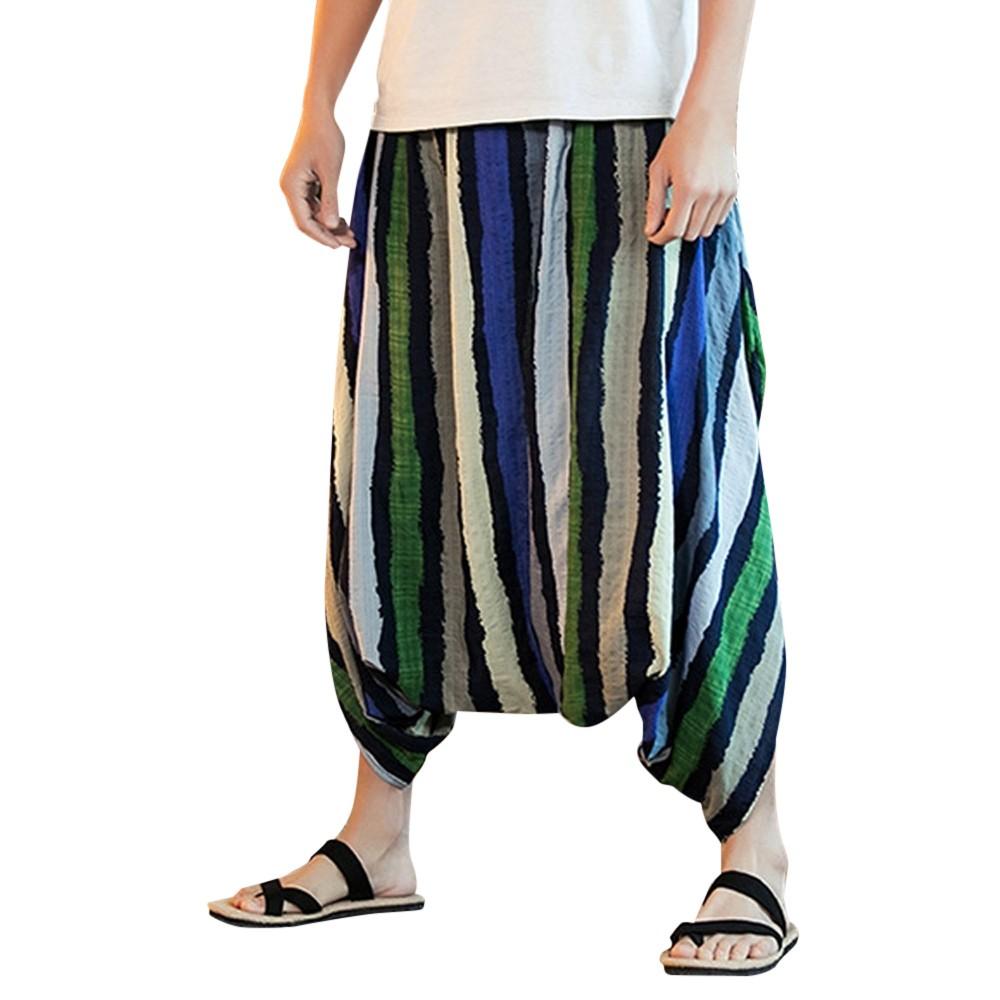 Mens Harem Pants Cotton Linen Festival Baggy Stripe Trousers Retro Gypsy Pants