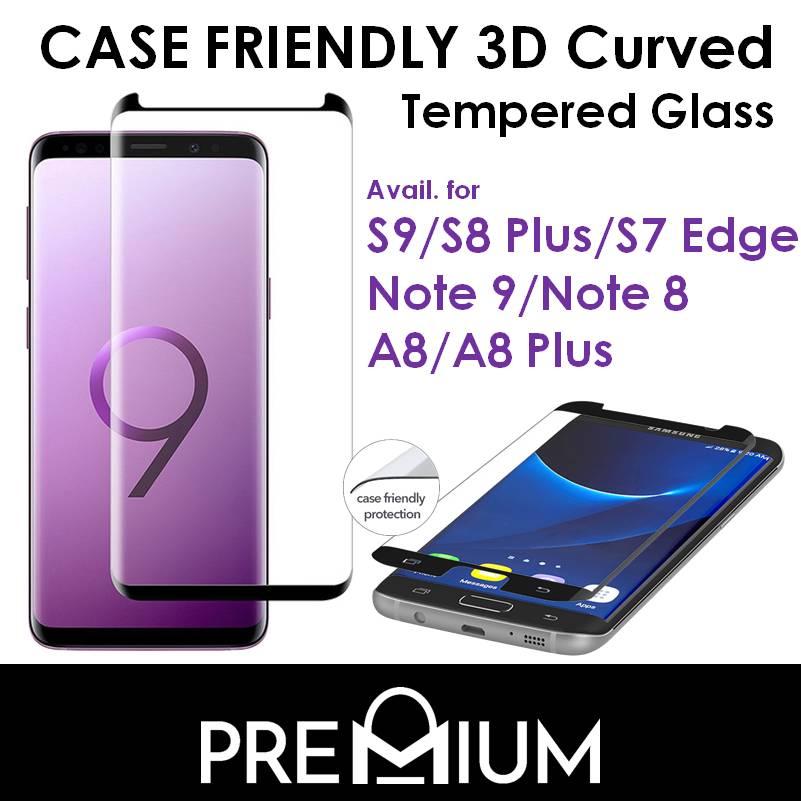 Case Friendly 3D Curved Tempered Glass Screen Protector For Huawei Mate 20 Pro / Samsung Galaxy Note 9 / S9 G960 / S9 Plus G965 / S8 / S8 Plus / Note 8 / A8 Plus / A8 2018 – Black