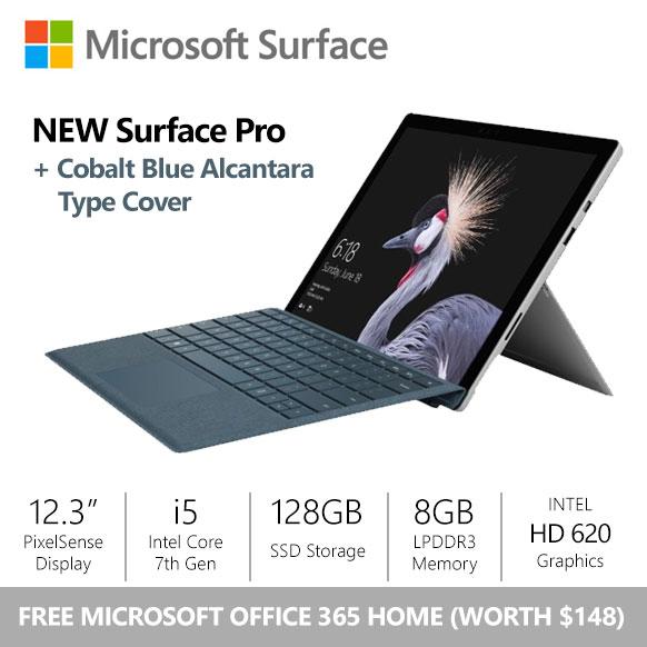 [FLASH SALE] Surface Pro (2017) i5 / 8gb / 128gb + Cobalt Blue Alcantara Type Cover + Office 365 Home...