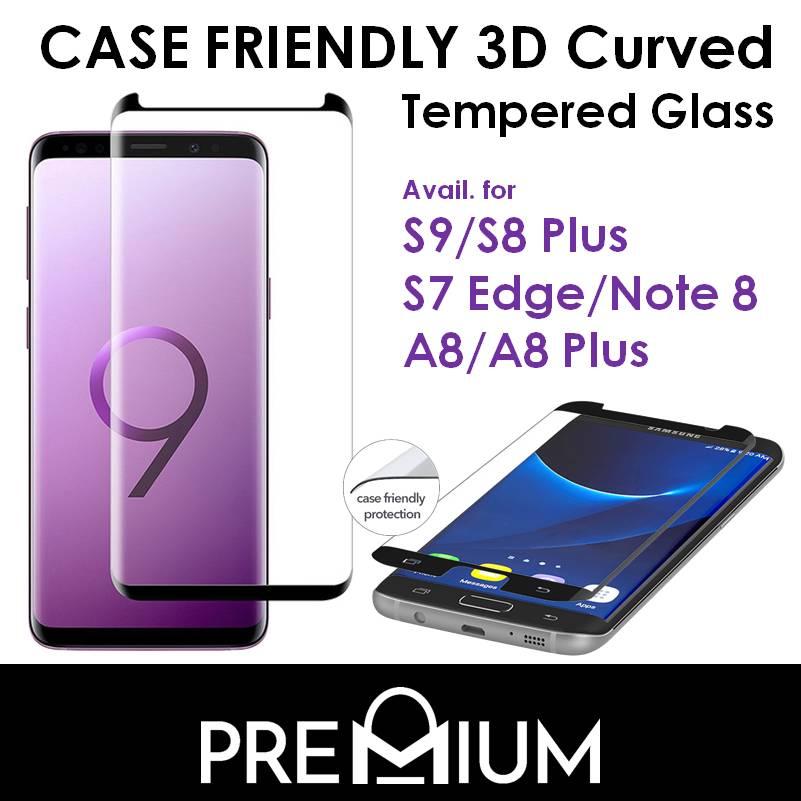 Case Friendly 3D Curved Tempered Glass For Samsung Galaxy Note 9 / S9 G960 / S9 Plus G965 / S8 / S8 Plus / Note 8 / A8 Plus / A8 2018 – Black