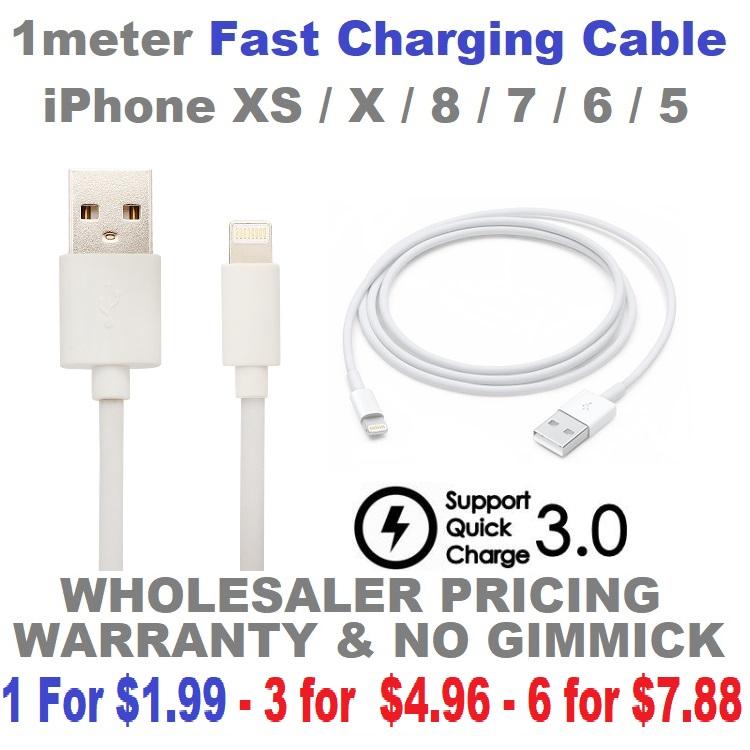Iphone 1m Fast Charging Cable – XS / X / 8 / 7 / 6 / 5 – 1Mth Warranty – 1 For $1.99 – 3 for $4.96 – 6 for $7.88