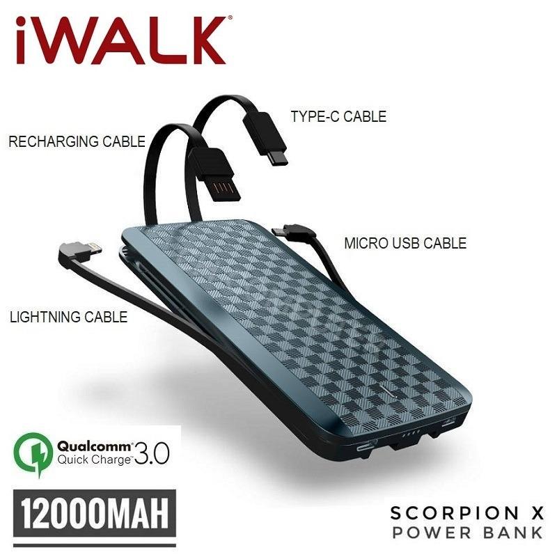 iWalk Scorpion 12000X Powerbank Built-in 4 in 1 Cables with QC 3.0 12000mAH Portable Battery Power Bank