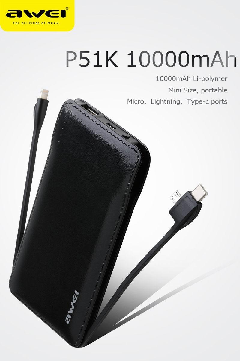 Awei P51K 10000mAh Power Bank with Build in Cable - Type C, Micro USB, Apple Lightning Adaptor
