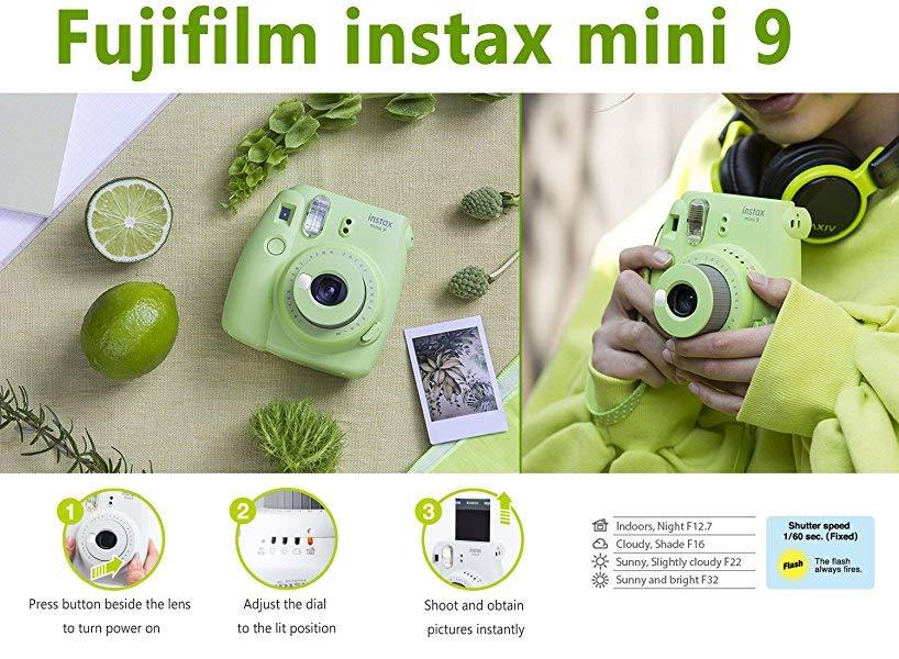 Fujifilm instax mini 9 Instant Film Camera (Lime Green) With Free 1 Album And 1 pack Film Frame Sticker