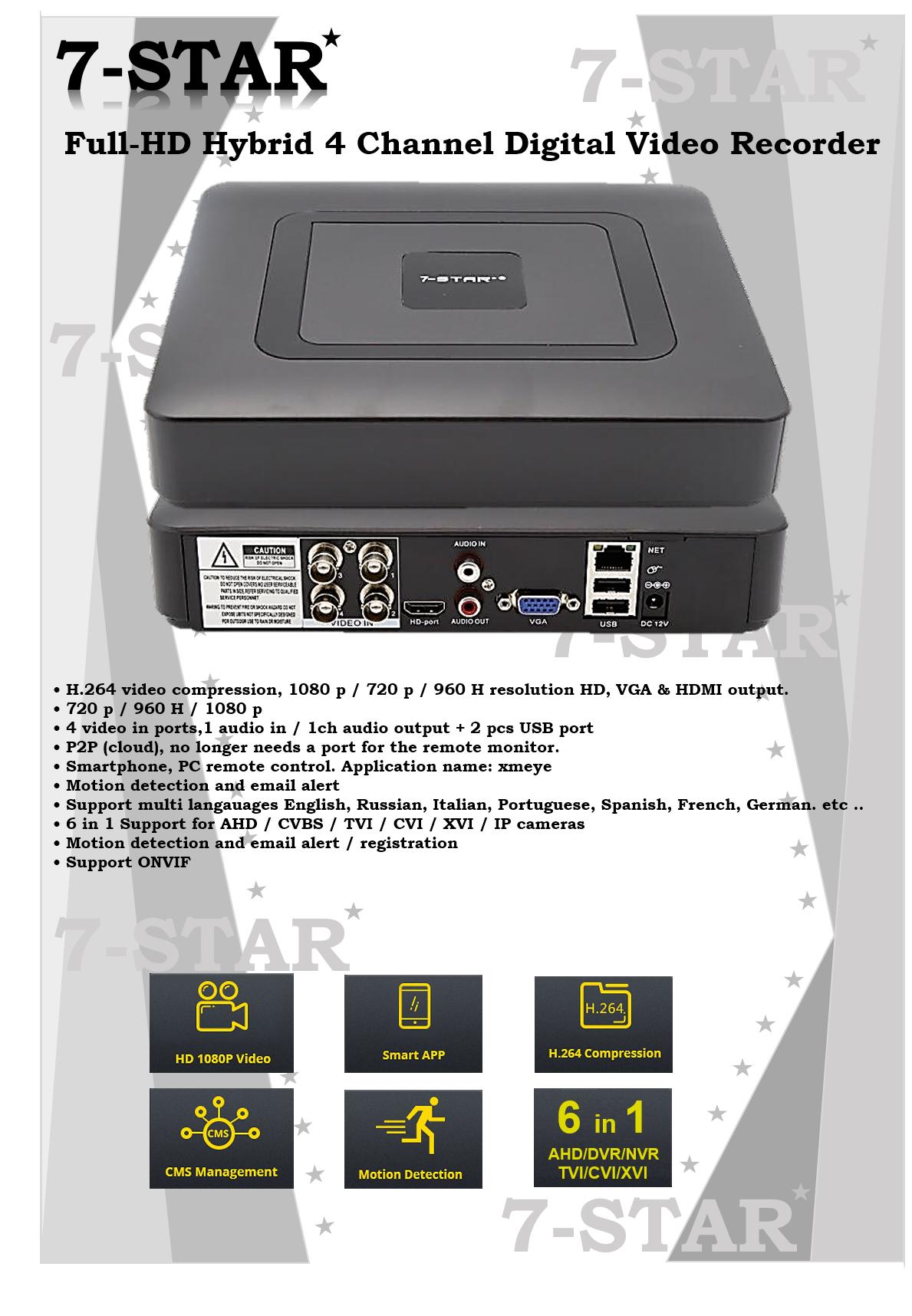 Mini Hybrid 4CH AHD 1080P DVR 6 IN 1 AHD TVI CVI XVI CVBS 960H Security CCTV DVR HDMI DVR NVR Support 1080P IP Camera – 4 Channel DVR+NVR+XVR (APP:XMEYE)