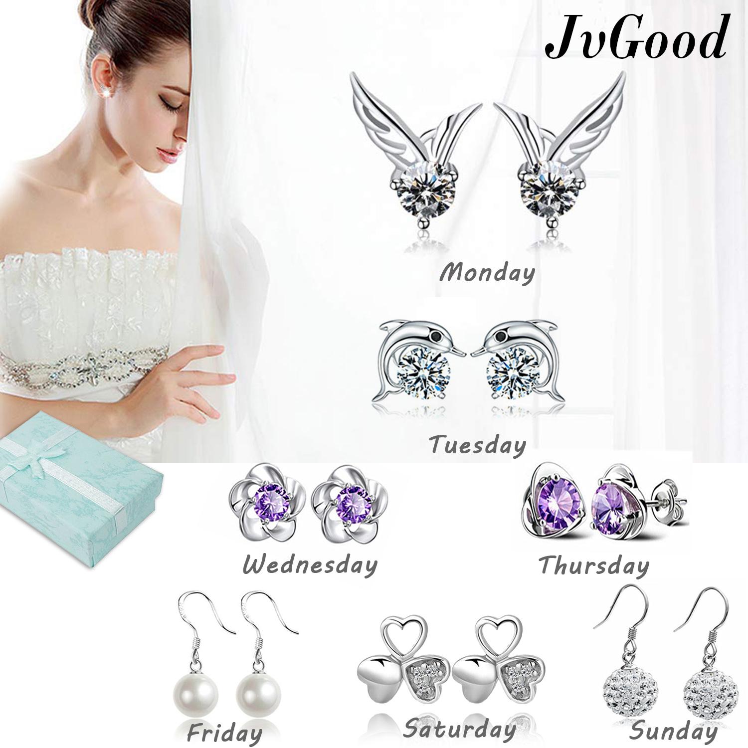 JvGood Women Girls Ear Stud Earrings Set 7 Pairs Crystal Earrings