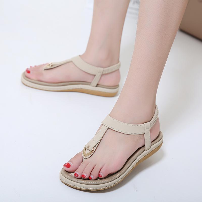 High quality new style sandals women's large metal buckle embroidered thread flat shoes