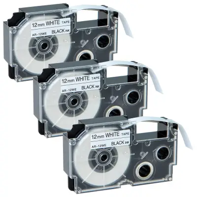 Label Tape XR12WE XR 12WE, 3-Pack XR-12WE Tapes Cassette Compatible Casio Ez-Label Printers KL60 KL1500 KL2000 KL7200 KL8000 KL8100 KL8200 Black on White 12mm x 8m KL EZ Labels Maker