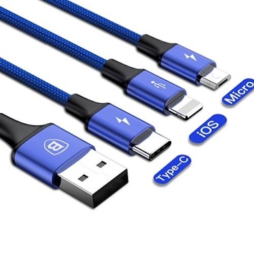 Baseus Rapid 3in1 3A USB Charger Cable For iPhone X 5 6 7 8 Samsung S8 Note8 Xiaomi Phone Charging