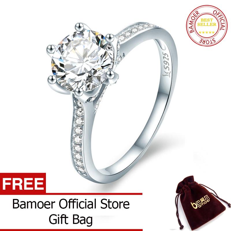 BAMOER จัดส่งฟรีคุณภาพสูง925เงินสเตอร์ลิงงานแต่งงานมิถุนายนแหวน Princess Square แหวนนิ้วมือ CZ สำหรับผู้หญิงเงินเครื่องประดับ SCR342