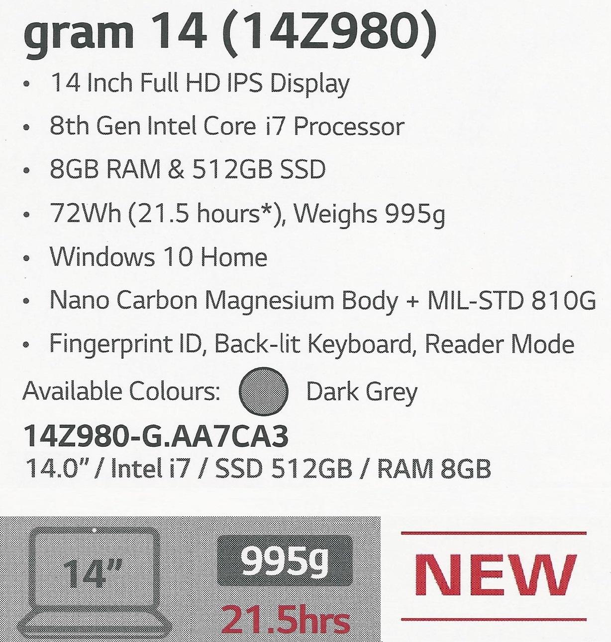 [NEW ARRIVAL 8TH GEN] LG GRAM 14Z980-G.AA7CA3 i7-8550U 8G 512SSD 14.0