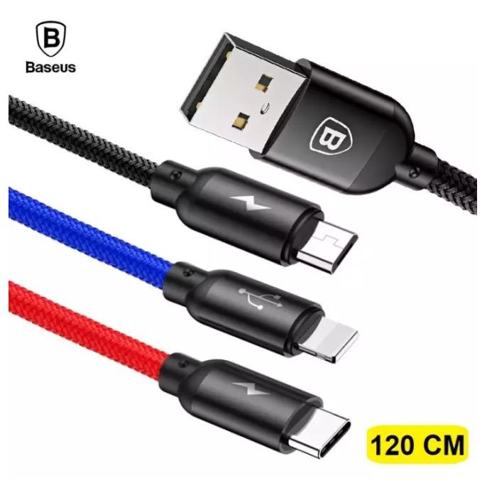 Baseus Three Primary Color 3in1 3.5A Fast Charging Cable Samsung Galaxy S9 S8 iPhone Xiaomi 1.2m