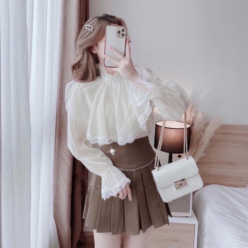 Áo kiểu tiểu thư, áo sơ mi cổ ren bèo nút ngọc _A005