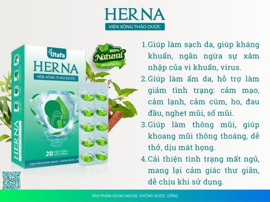 VIÊN XÔNG THẢO DƯỢC HERNA (HƯƠNG TRÀM)  - - Dùng xông mũi họng, giúp làm thông mũi, giúp khoang mũi thông thoáng, dễ thở, hỗ trợ làm giảm: nghẹt mũi, sổ mũi, cảm cúm,... Giúp làm dịu mát họng, hỗ trợ làm giảm triệu chứng: cảm cúm, ho do cảm,...