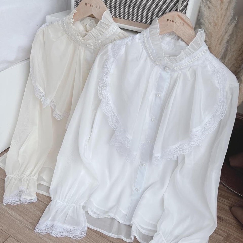 Áo kiểu tiểu thư, áo sơ mi cổ ren bèo nút ngọc _A005