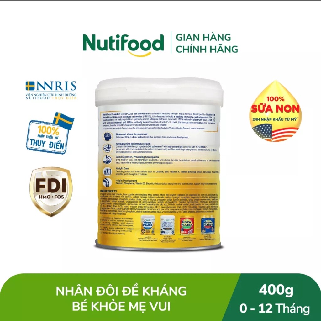 [HSD 5-2026] Sữa Bột Vàng Nutifood GrowPLUS 0+ 400g [Sữa Non].