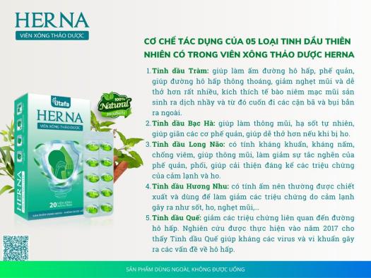 VIÊN XÔNG THẢO DƯỢC HERNA (HƯƠNG TRÀM)  - - Dùng xông mũi họng, giúp làm thông mũi, giúp khoang mũi thông thoáng, dễ thở, hỗ trợ làm giảm: nghẹt mũi, sổ mũi, cảm cúm,... Giúp làm dịu mát họng, hỗ trợ làm giảm triệu chứng: cảm cúm, ho do cảm,...