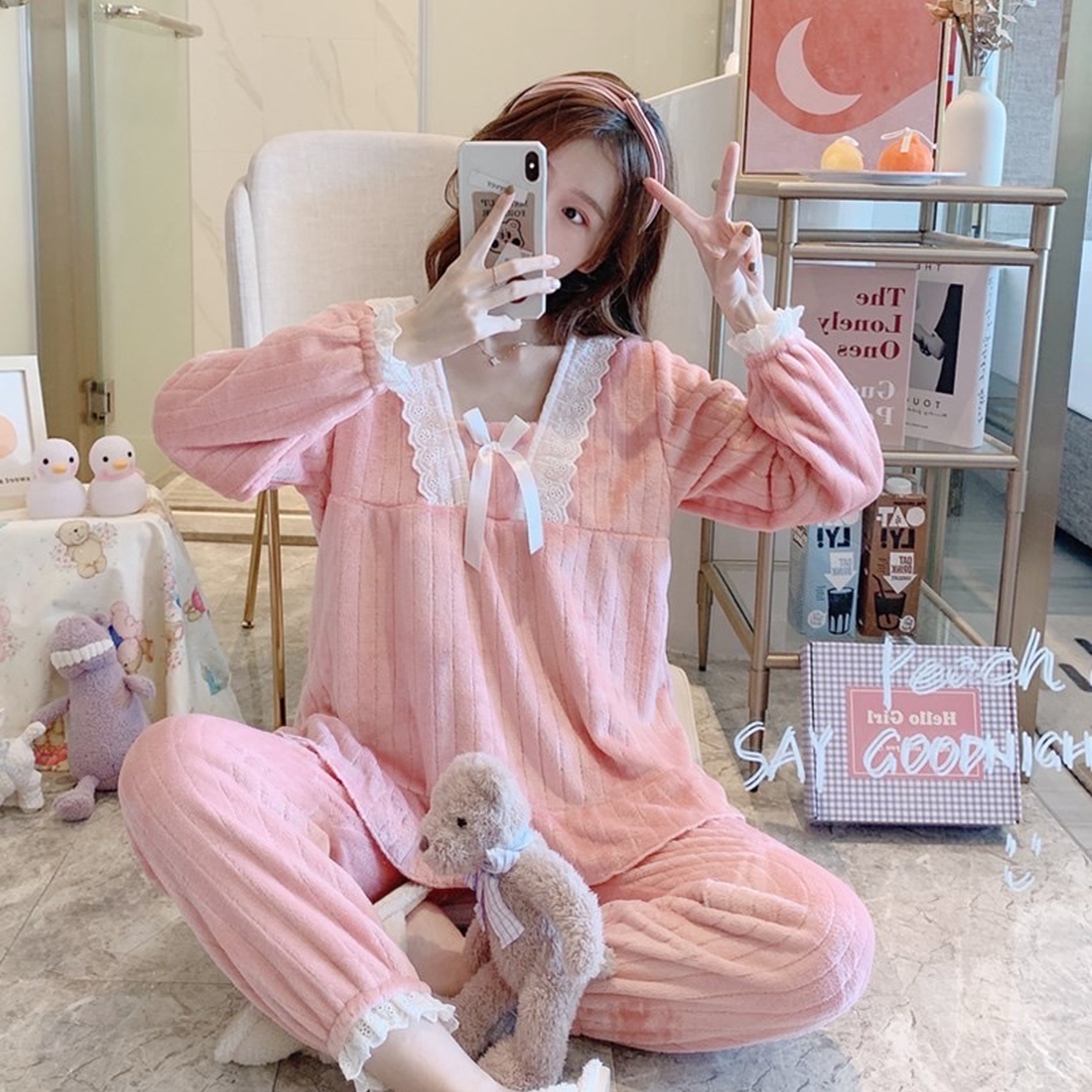 Bộ pijama nỉ nhung phối nơ xinh