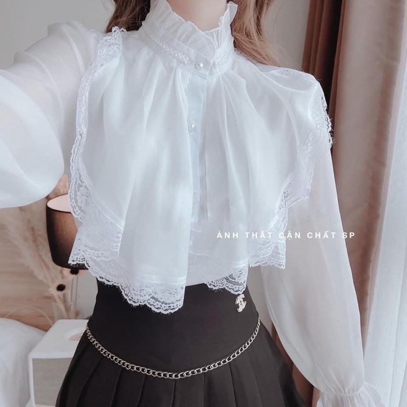 Áo kiểu tiểu thư, áo sơ mi cổ ren bèo nút ngọc _A005