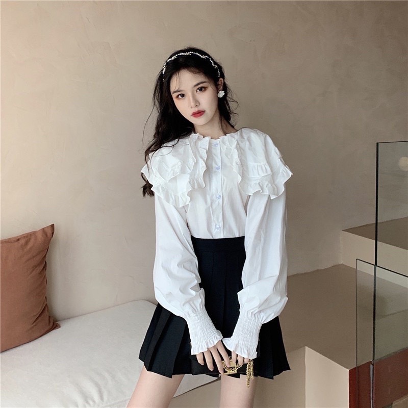 Áo sơ mi kiểu, áo sơ mi tay phồng cổ bèo 2 lớp _a004