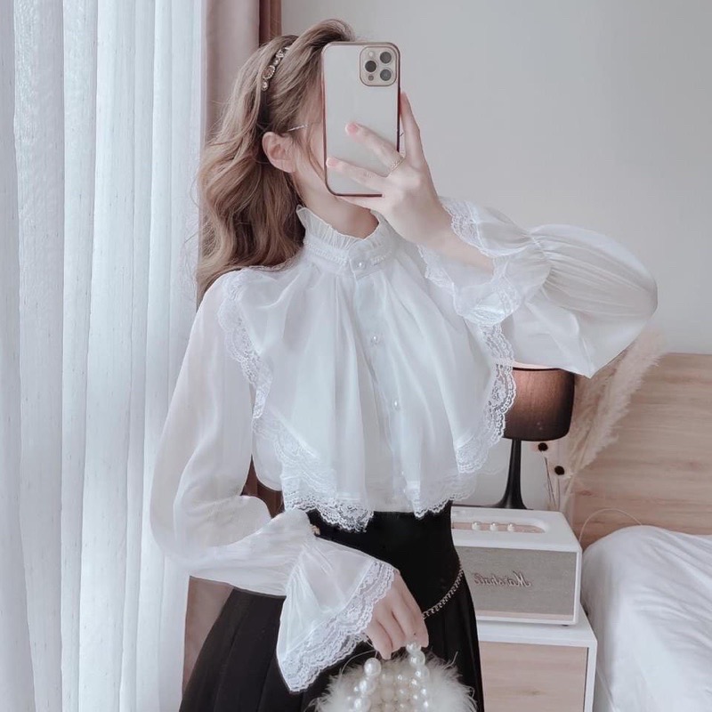 Áo sơ mi kiểu, áo sơ mi phối ren tiểu thư _A005