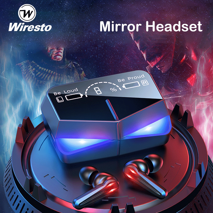 Wiresto RGB LED Gaming Earphone Bluetooth 5.1 Earbuds Mirror Surface Battery Display Wireless Headphone Sport Earpiece Touch Control Binaural Call Small Invisible Headset with Microphone 2000mAh Charging Case Type-C thumbnail