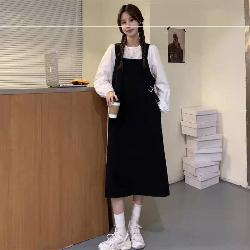 Set Váy Yếm Vintage Dài Tay Thắt Nơ Eo (ẢNH THẬT)