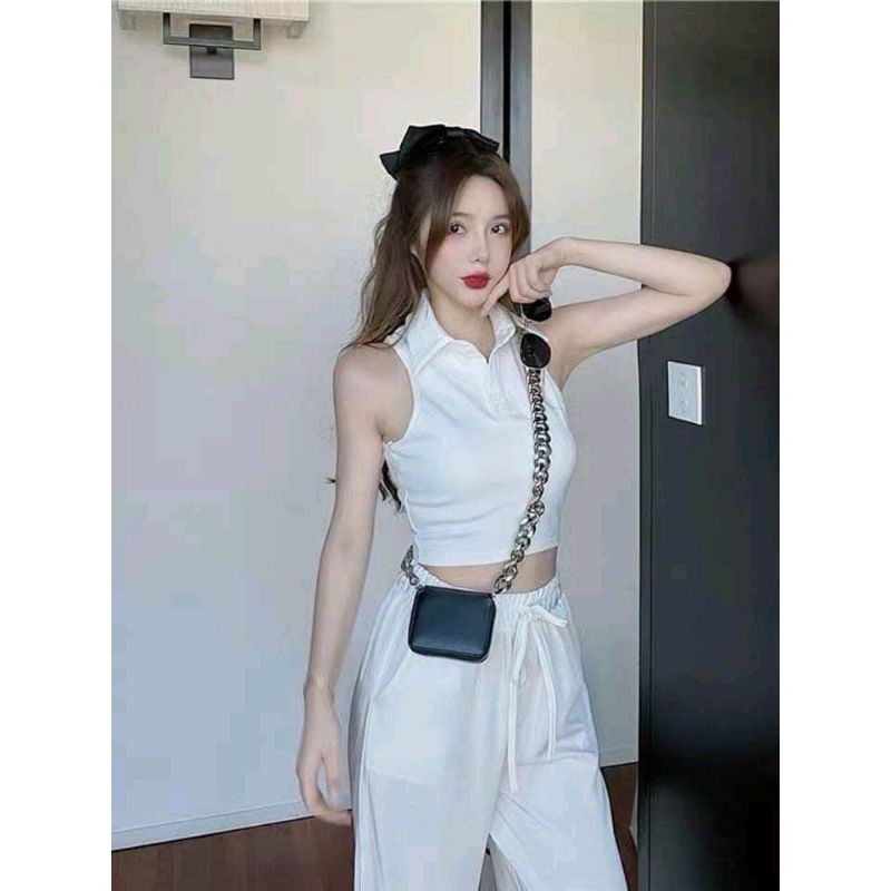 Áo croptop ba lỗ cổ bẻ cúc thật a3 - Khoét lưng