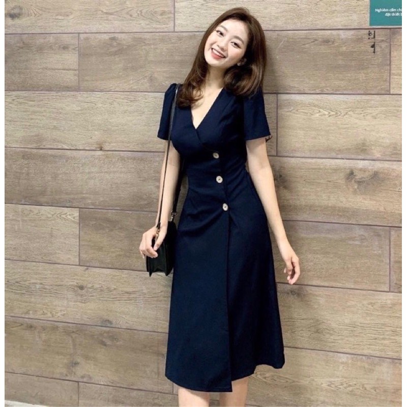[HCM]Đầm cổ v nút dừa 2 màu (kèm hình thật)
