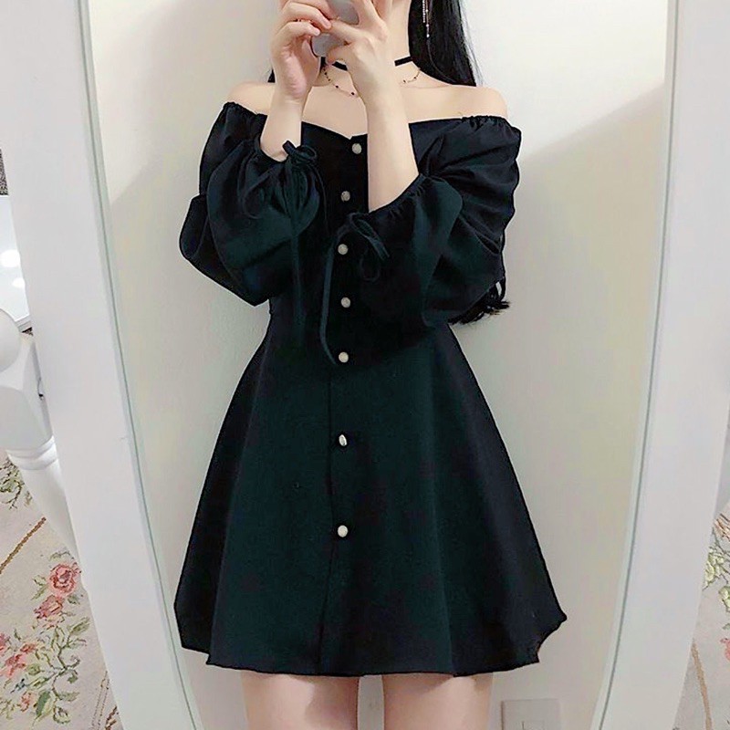 [HCM]Đầm đen nút tròn tay dài