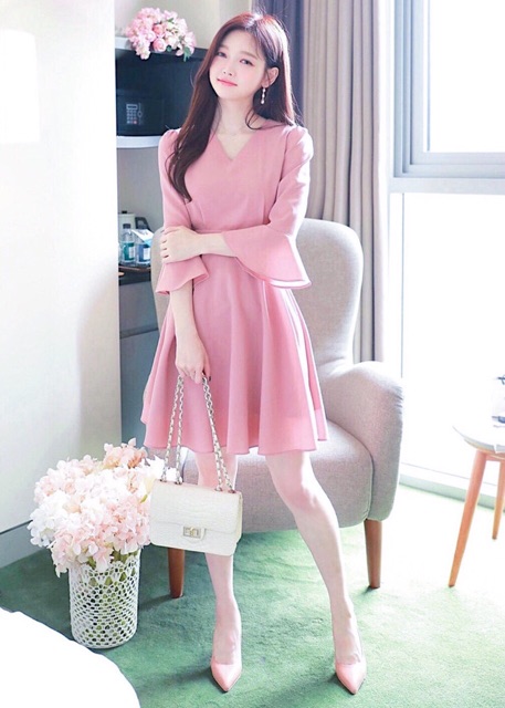 [HCM]Đầm hồng tay loa thắt nơ (kèm hình thật)