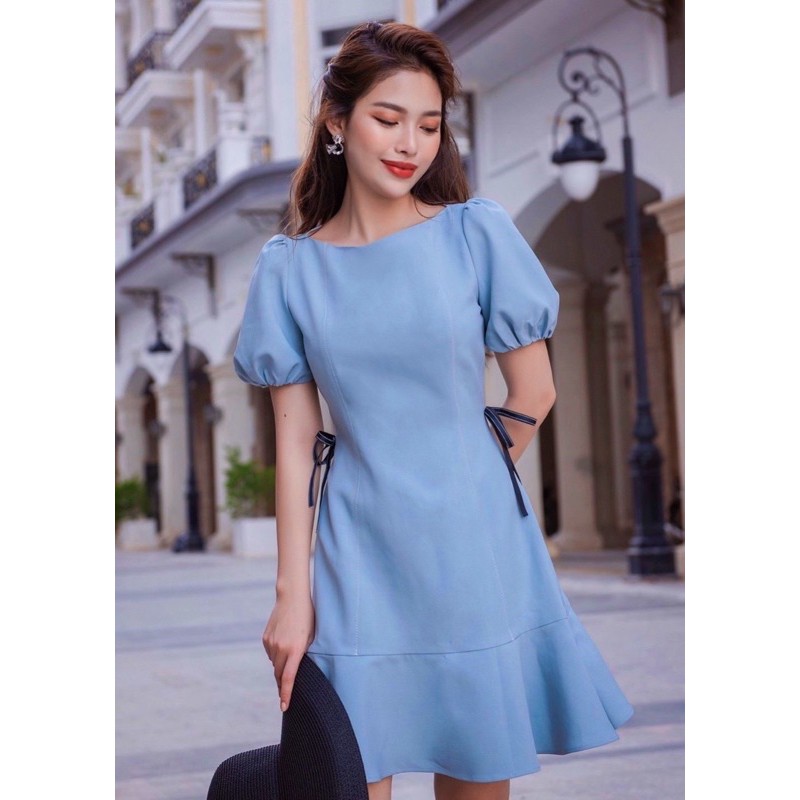[HCM]Đầm xanh xám nơ eo (kèm hình thật)