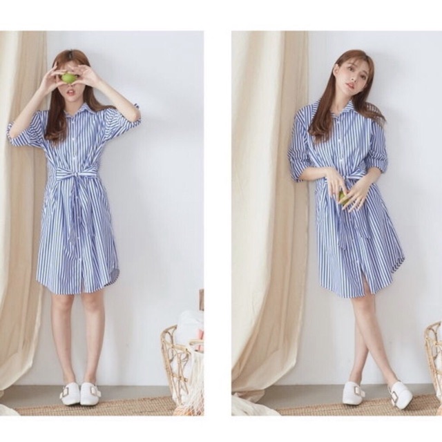 [HCM]Đầm sọc xanh chéo dây
