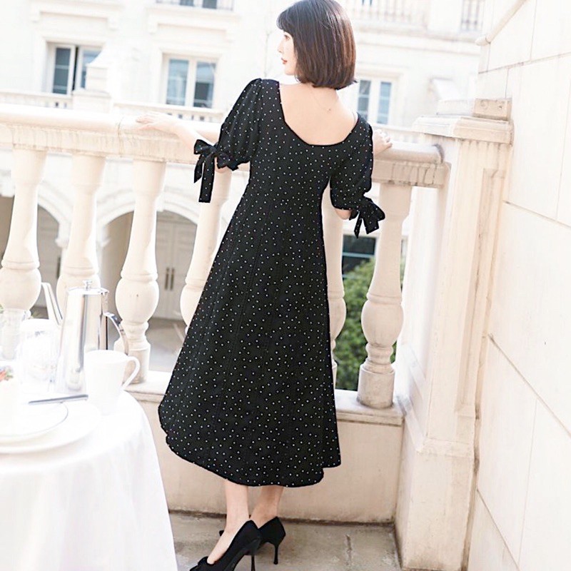 [HCM]Đầm bi đen tay nơ (kèm hình thật)