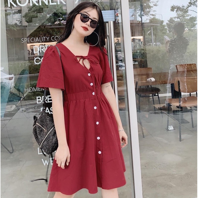 [HCM]Đầm đỏ nút trắng (kèm hình thật)