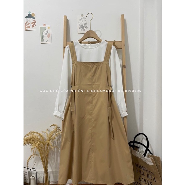 Set Váy Yếm Vintage Dài Tay Thắt Nơ Eo (ẢNH THẬT)