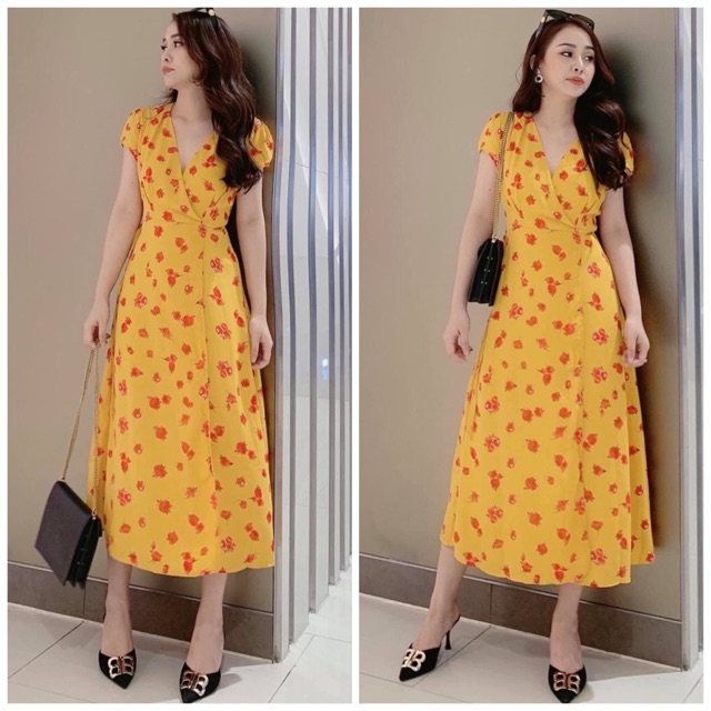 [HCM]Đầm vàng hoa đỏ xẻ tà (kèm hình thật)