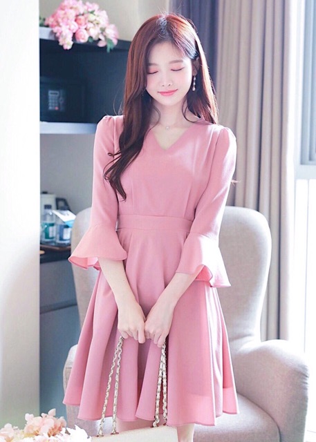 [HCM]Đầm hồng tay loa thắt nơ (kèm hình thật)