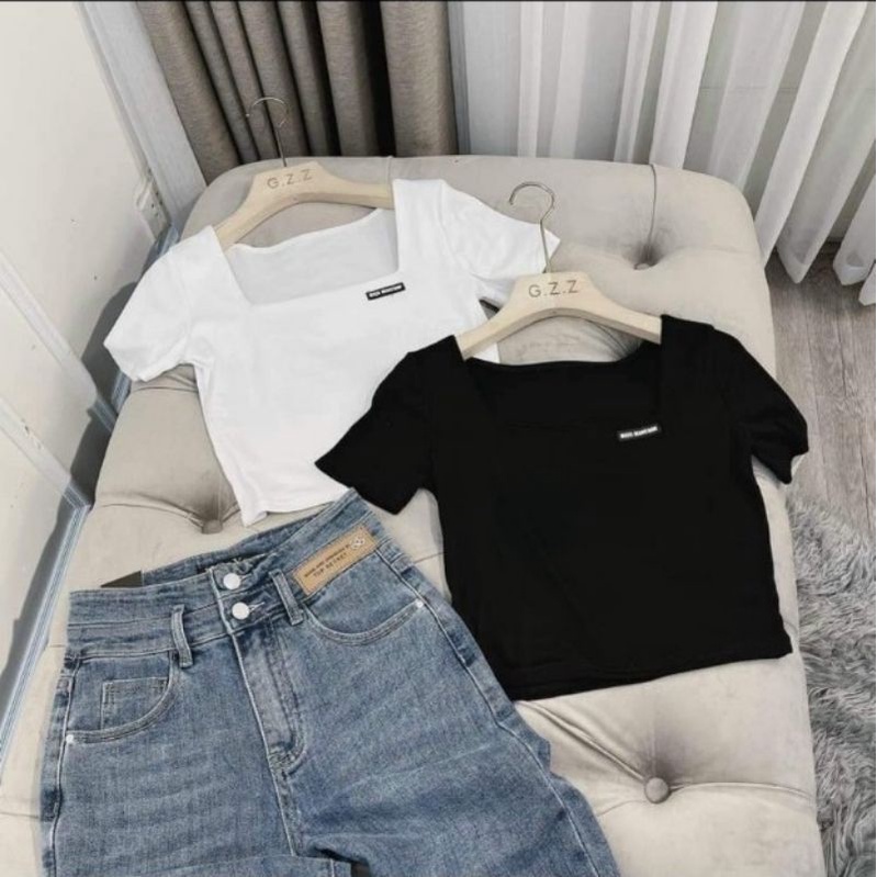 Áo Cổ Vuông Logo Croptop Thun Tăm - A2TT