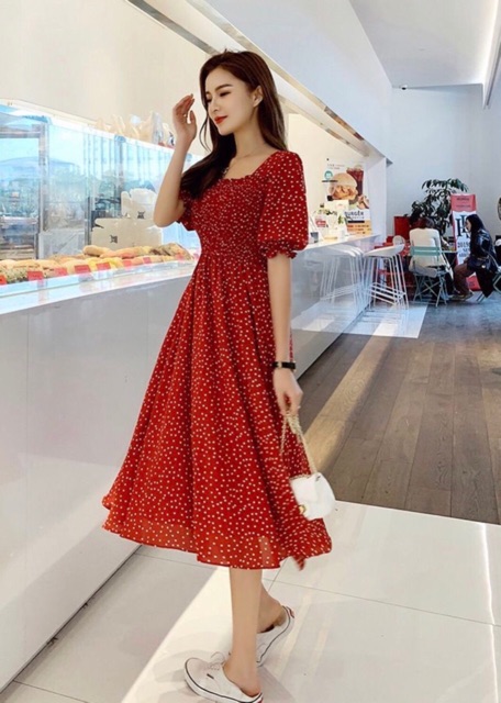 [HCM]Đầm bi rối cổ U 2 màu (kèm hình thật)