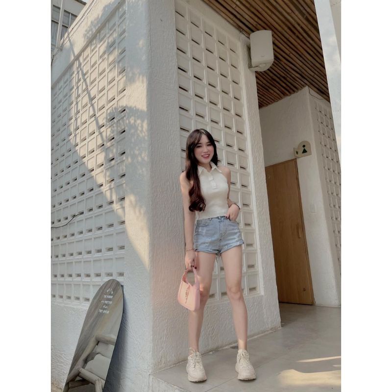 Áo croptop ba lỗ cổ bẻ cúc thật a3 - Khoét lưng