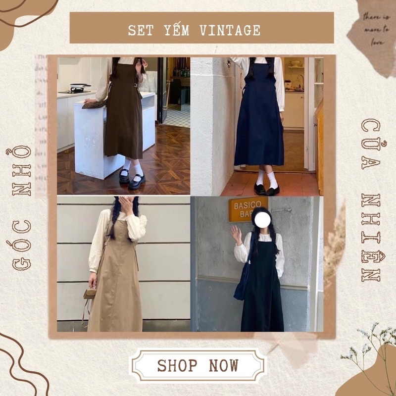 Set Váy Yếm Vintage Dài Tay Thắt Nơ Eo (ẢNH THẬT)