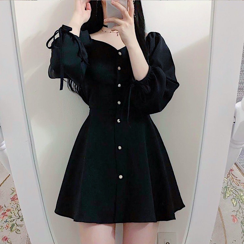 [HCM]Đầm đen nút tròn tay dài