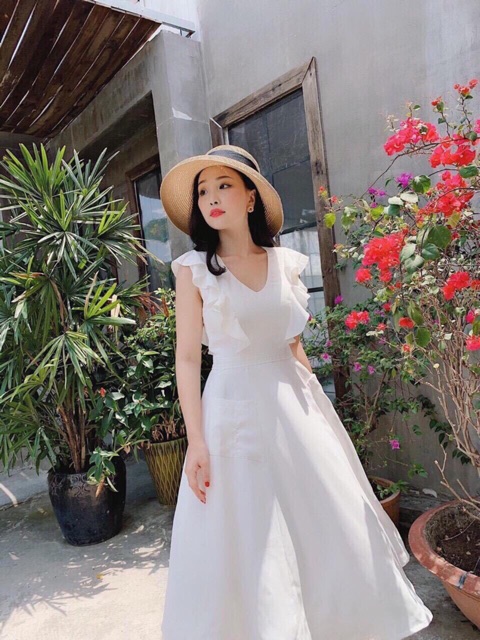 [HCM]Đầm trắng cổ V 2 túi (kèm hình thật)
