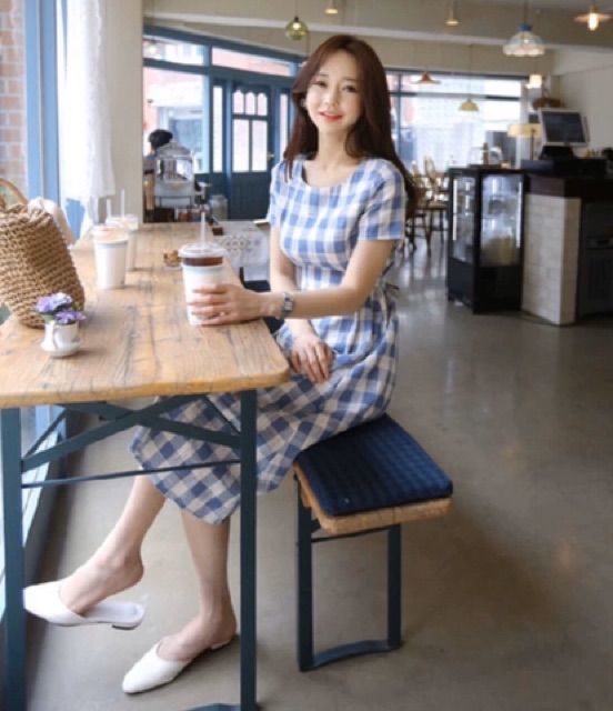 [HCM]Đầm caro xanh form dài (kèm hình thật)