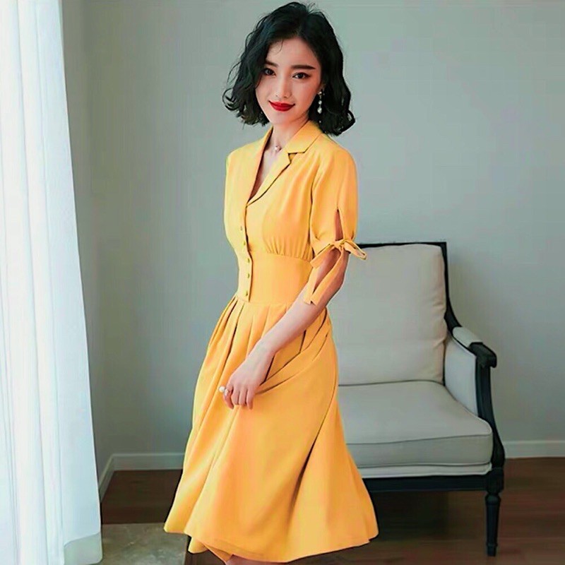 [HCM]Đầm sm vàng nghệ nút bọc (kèm hình thật)
