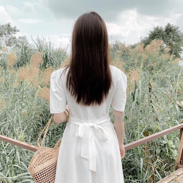 [HCM]Đầm trắng cổ tròn thắt eo (kèm hình thật)