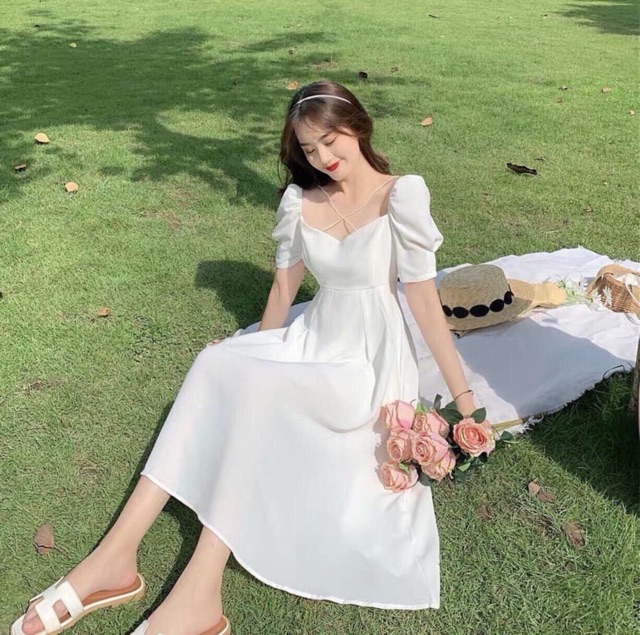 [HCM]Đầm trắng chéo dây form dài (kèm hình thật)