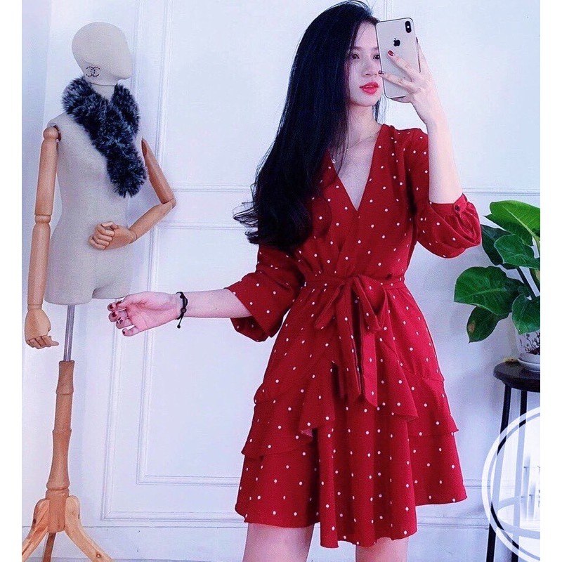 [HCM][Mã FATHANG5 giảm 10K đơn 50K] Đầm bi đỏ tầng cột eo (kèm hình thật)